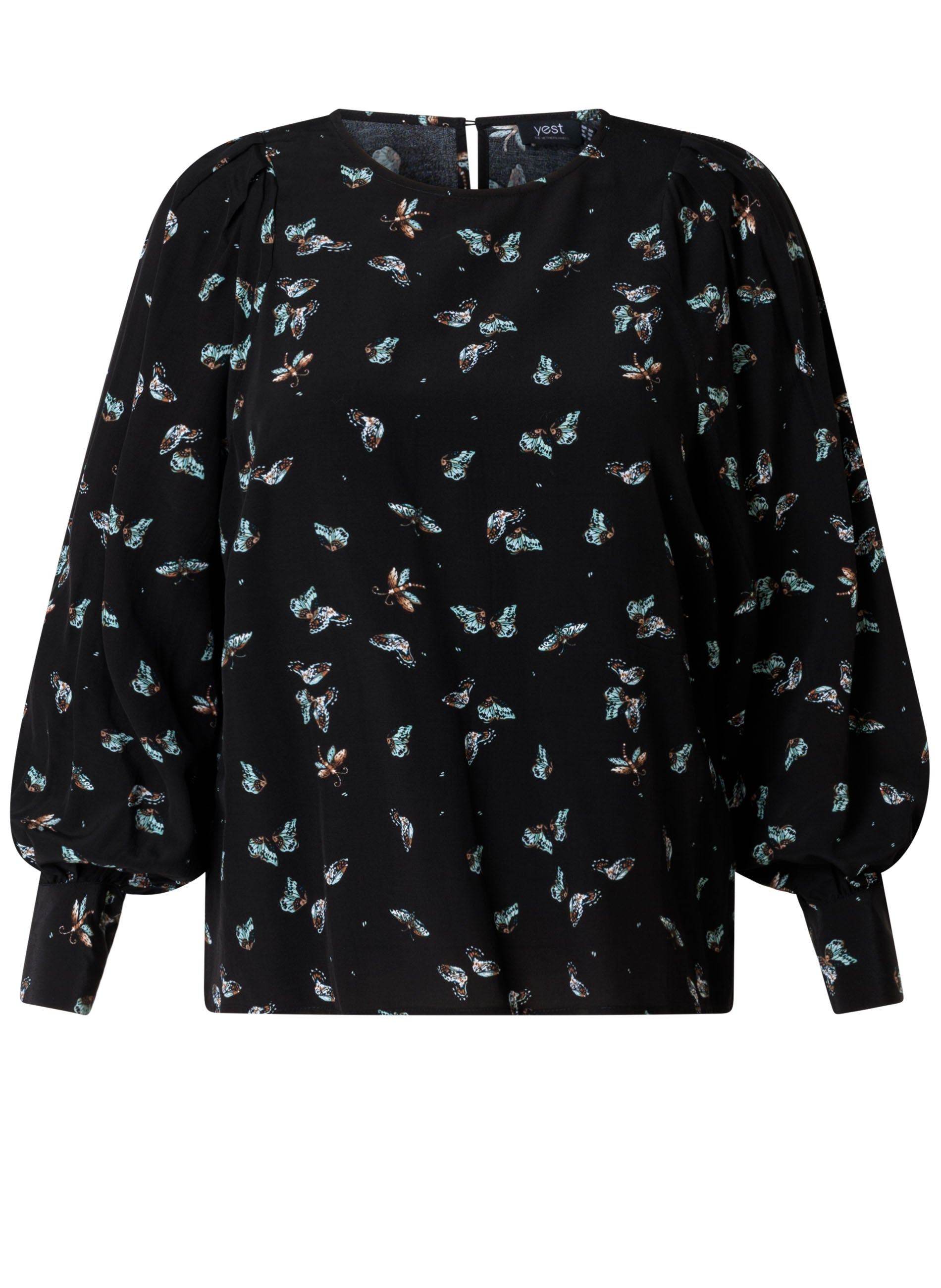 Yest shirt zwart met print vlinders model demetra