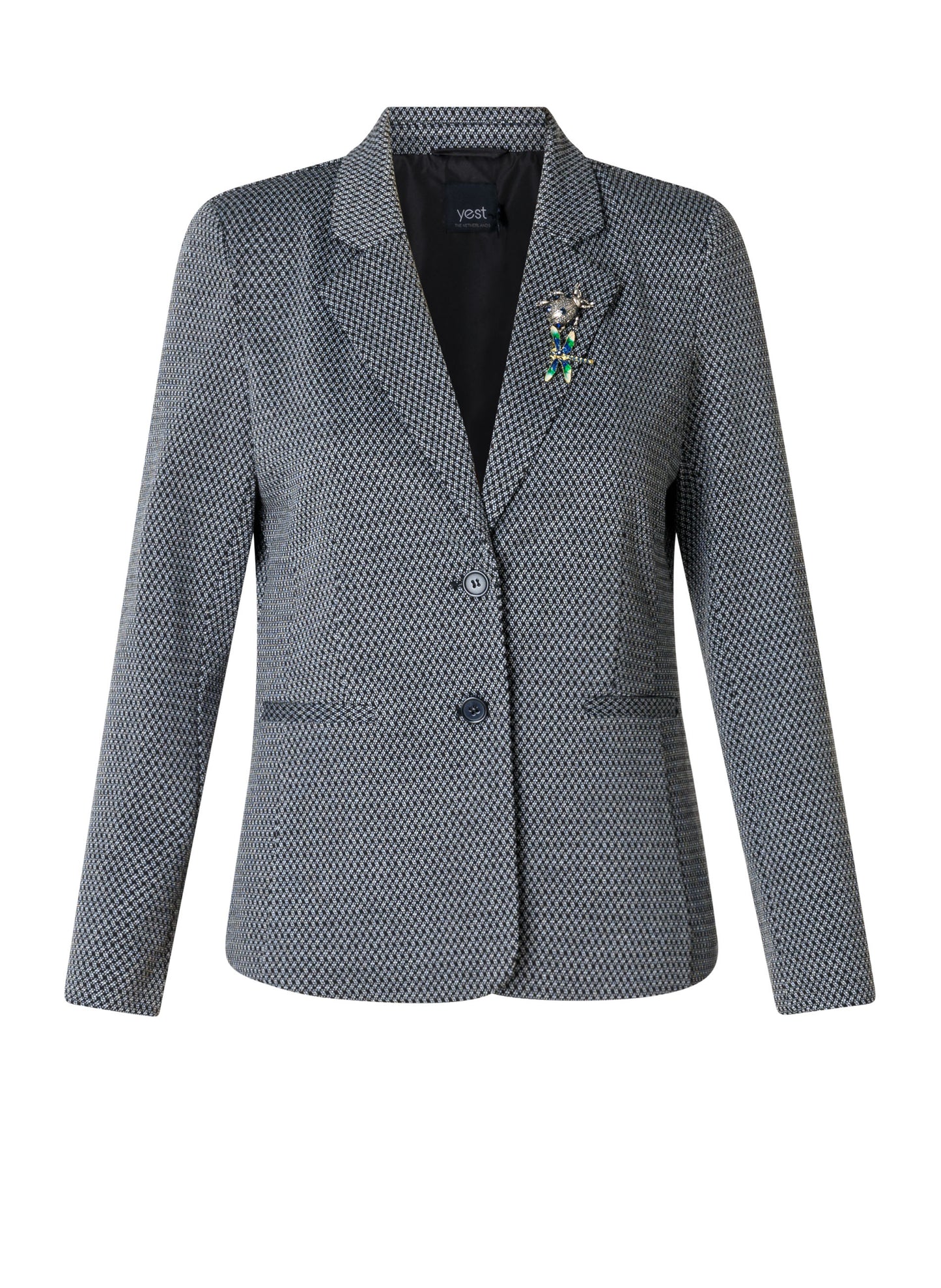 Yest blazer zwart wit print met broche model Dorothy black off white