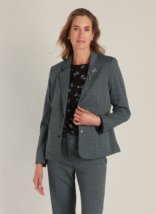 Yest blazer zwart wit print met broche model Dorothy black off white