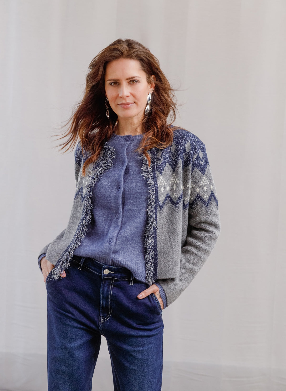 Yest vest grijs met blauw en lurex model Ulrike Dark Blue/Mid Grey