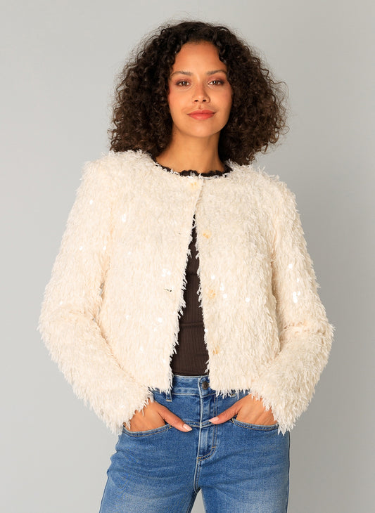 Yest vest jasje offwhite met fluffy stof met pailletten model Clemence sandy white