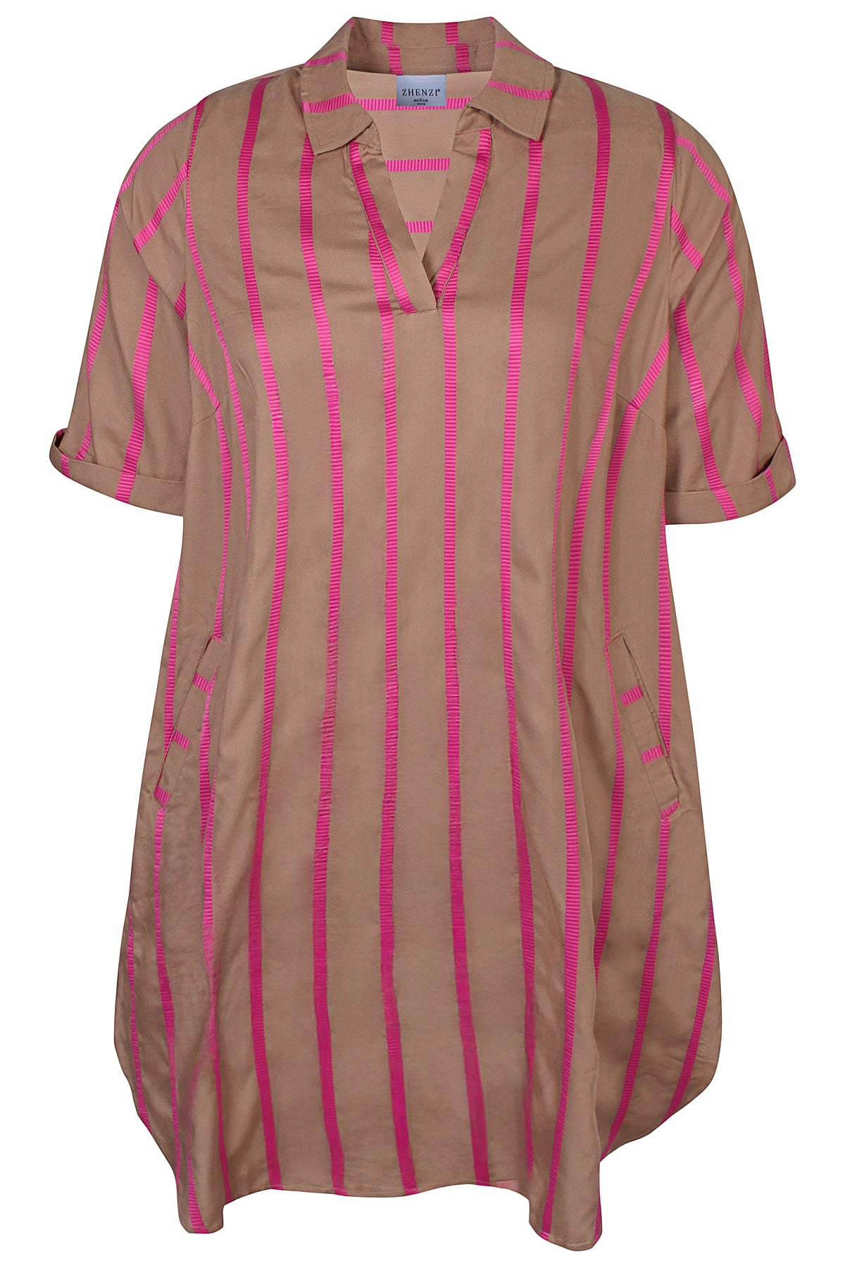Zhenzi jurk beige met roze strepen model Janis 1384