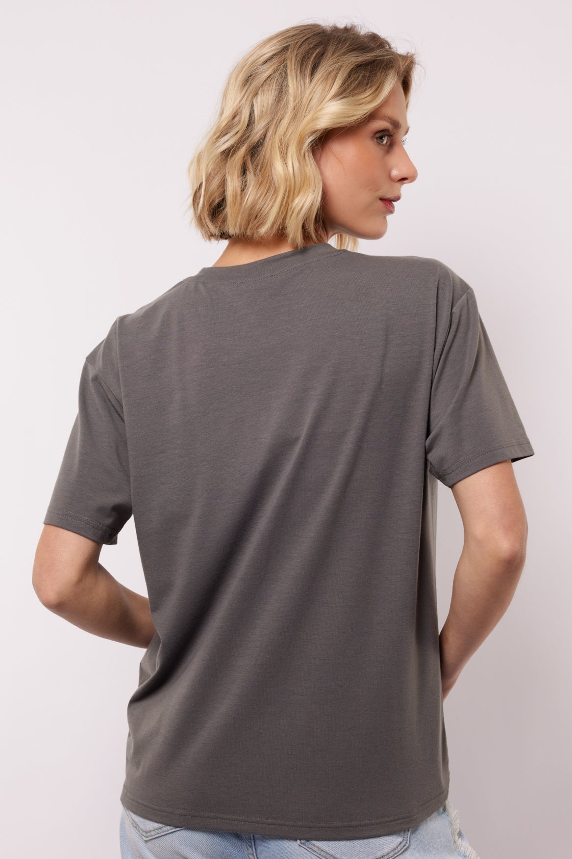 Fluresk T-shirt grijs met print model Nerina gray met roze opdruk