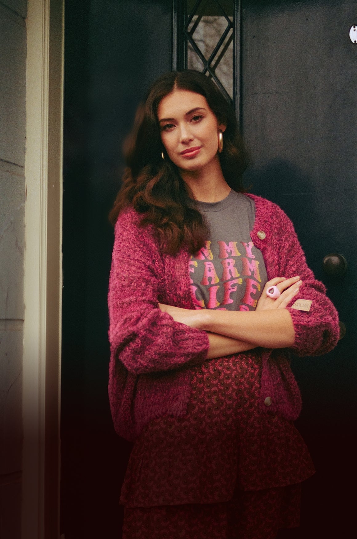 Fluresk T-shirt grijs met print model Nerina gray met roze opdruk