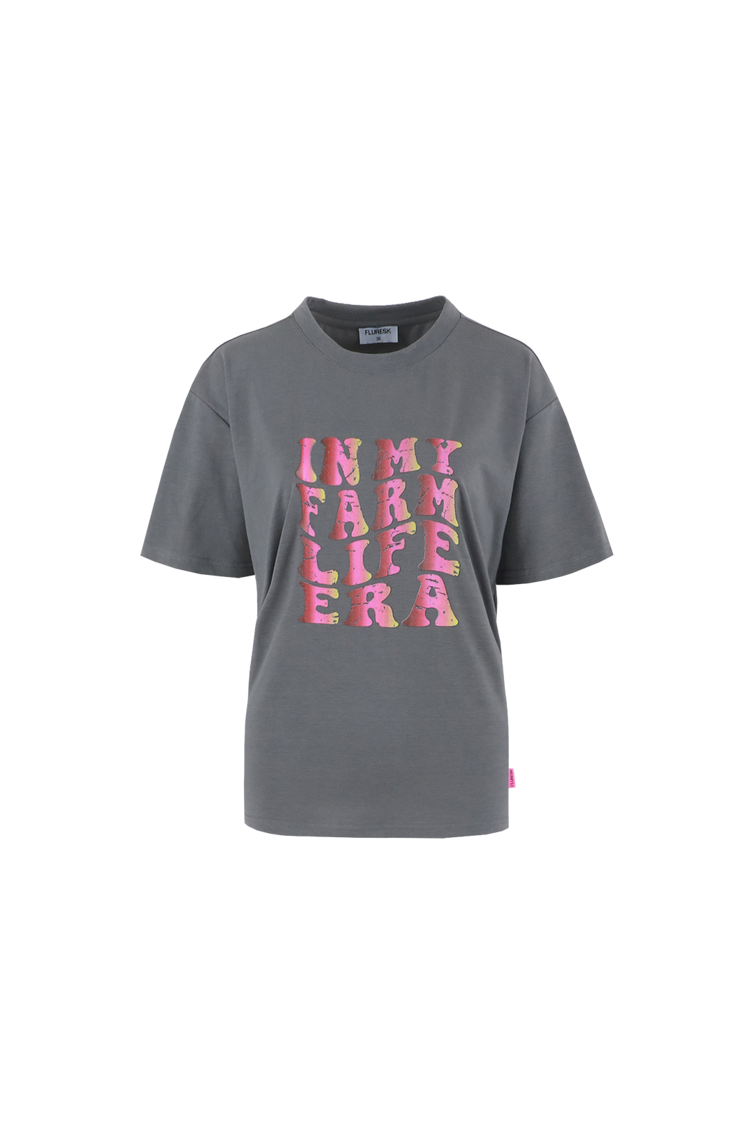 Fluresk T-shirt grijs met print model Nerina gray met roze opdruk