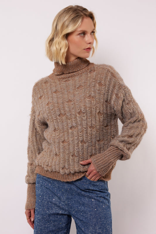 Fluresk trui beige met lurex detail model Lira warm taupe sand
