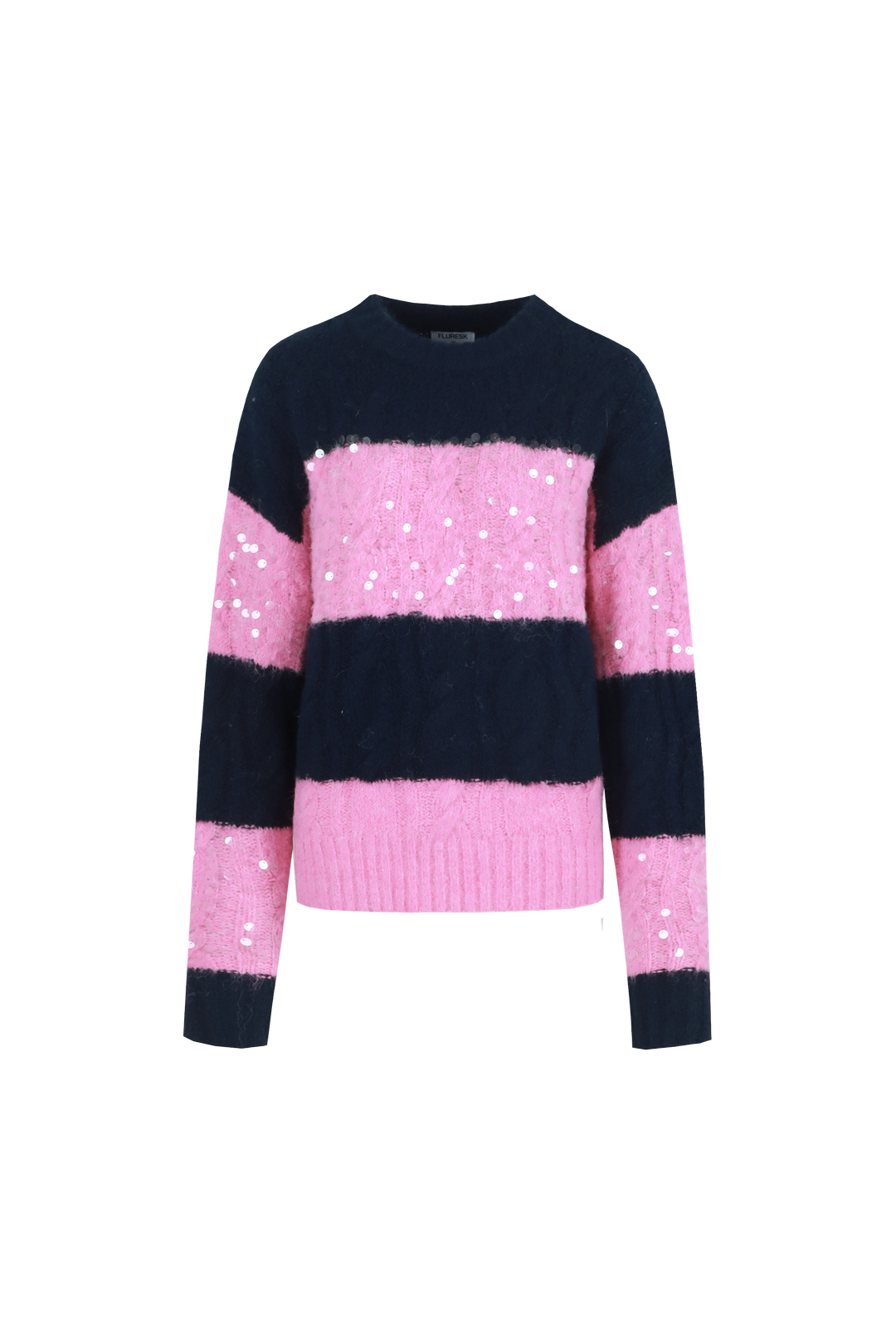 Fluresk trui roze met blauw gestreept pailletten detail model selera knit sweater begonia pink midnight blue