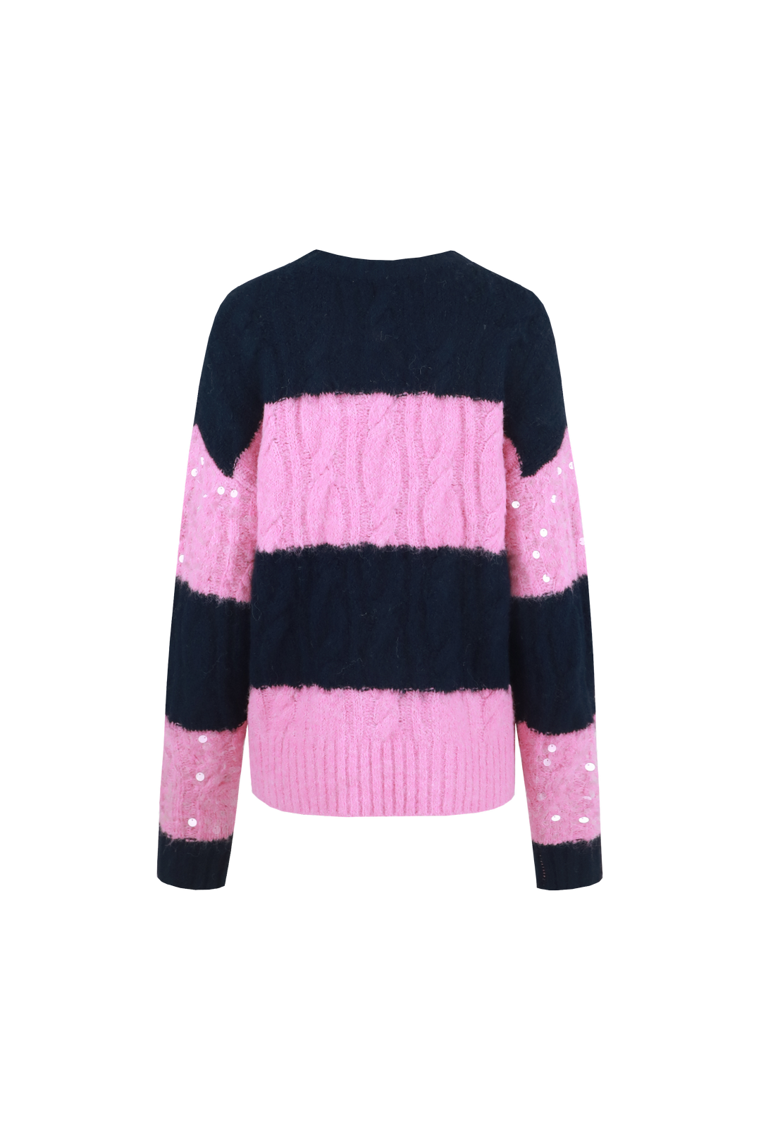 Fluresk trui roze met blauw gestreept pailletten detail model selera knit sweater begonia pink midnight blue