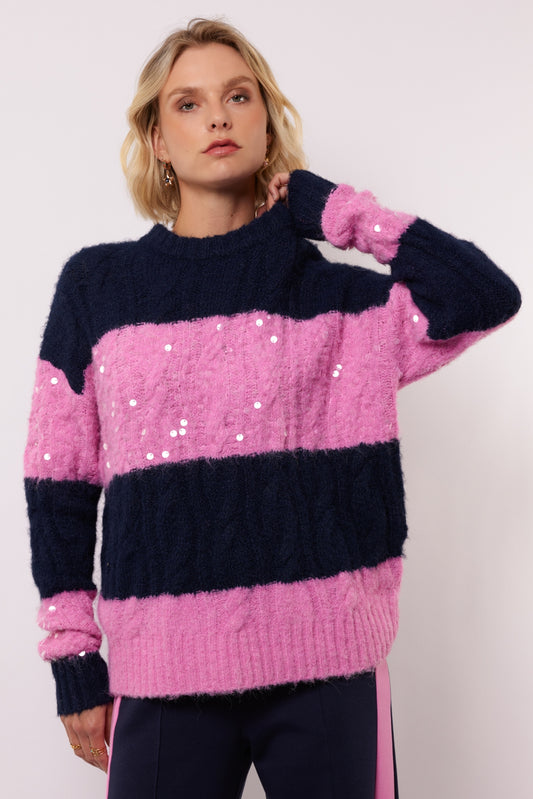 Fluresk trui roze met blauw gestreept pailletten detail model selera knit sweater begonia pink midnight blue