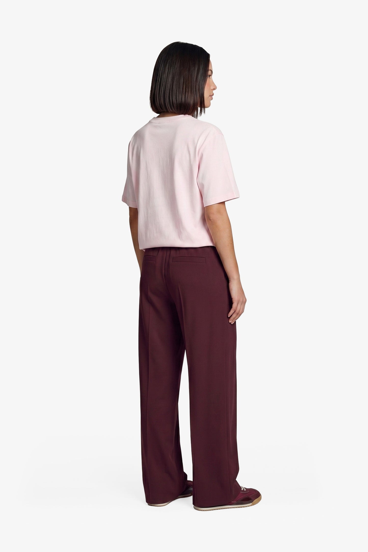 Fluresk broek bordeaux met zand kleurige streep en strass model Nyx broek Mulberry
