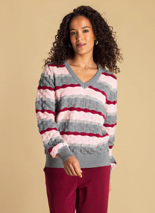 Ivy Beau trui gestreept rood grijs rozemodel Annalina dark grey multi