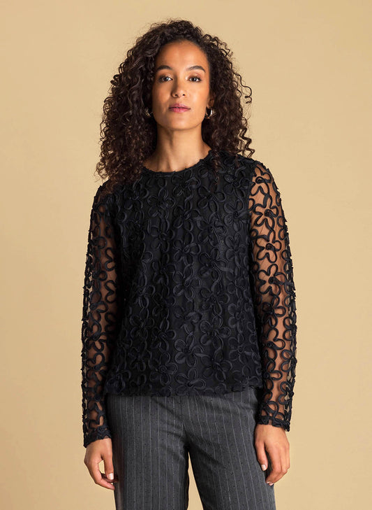 Ivy Beau blouse zwart doorschijnend met bloemen print model Annika black