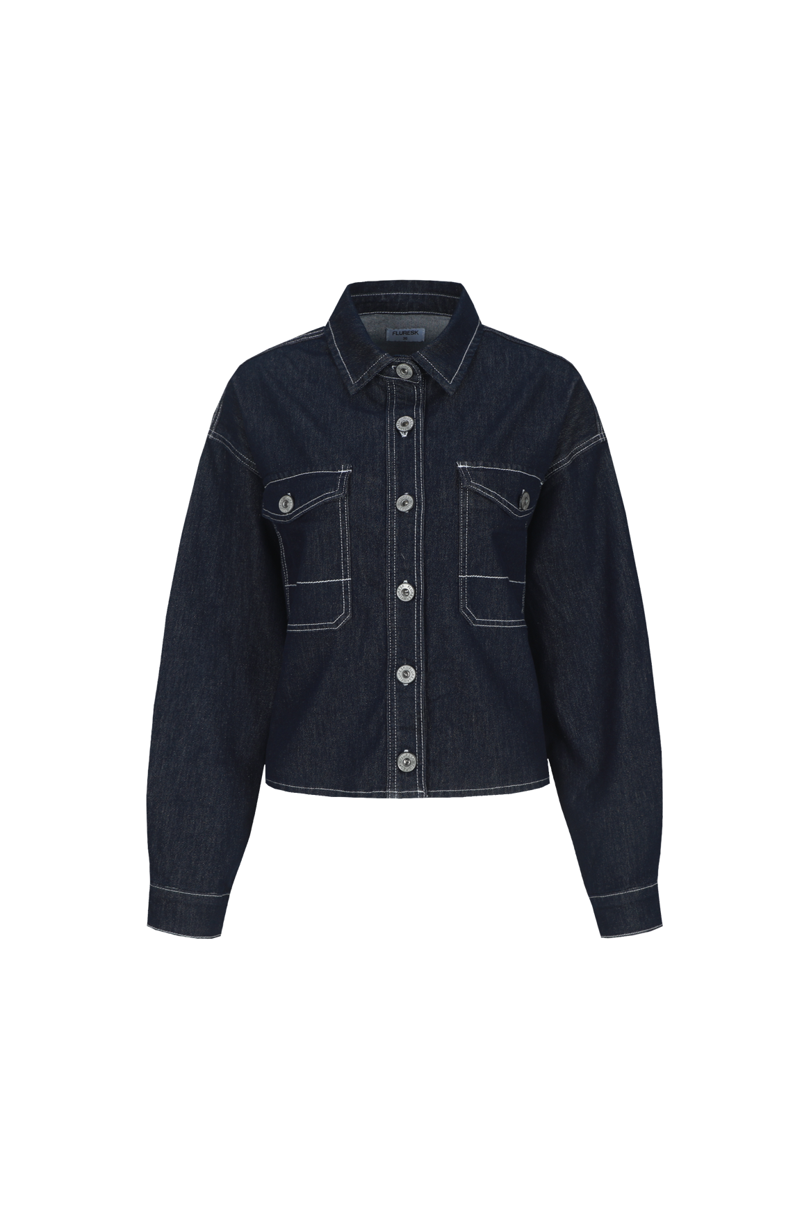 Fluresk donker blauw denim jasje met fijn glittertje in stof verwerkt model Rubie blouse jacket dark denim