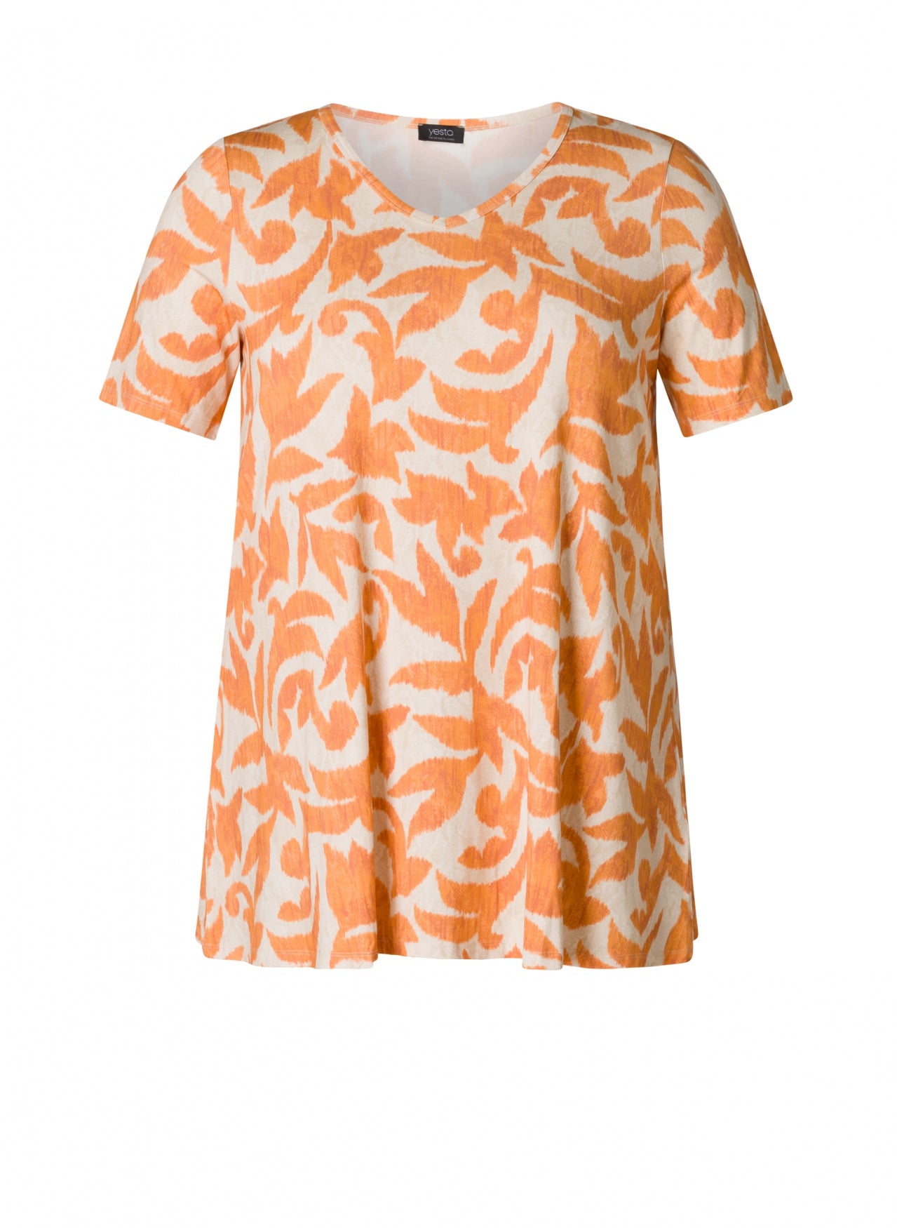 Yesta tuniek zandkleur met oranje print model Ankie essential dusty orange