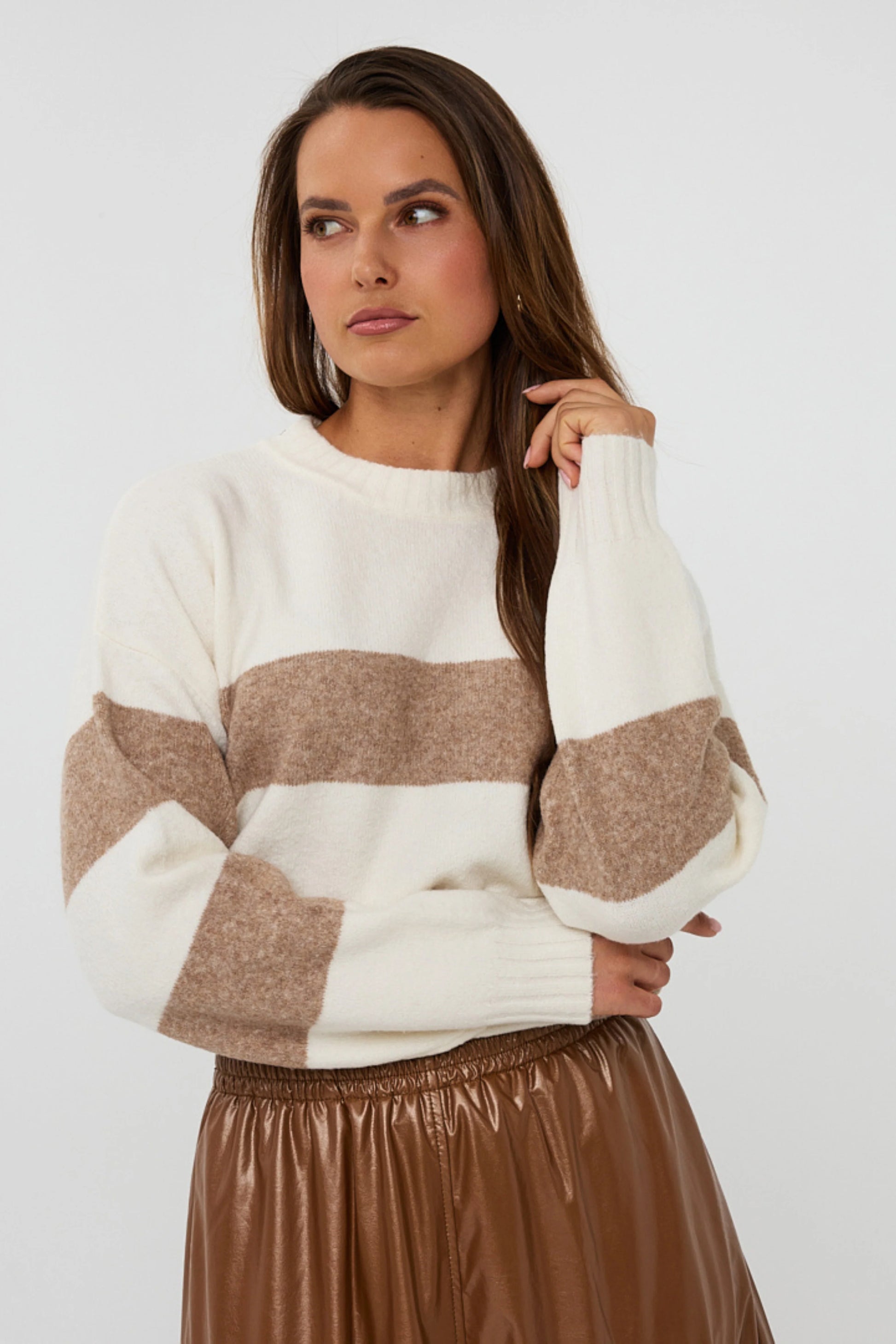 Esqualo trui gestreept zand offwhite model sweater striped melange F25.27524