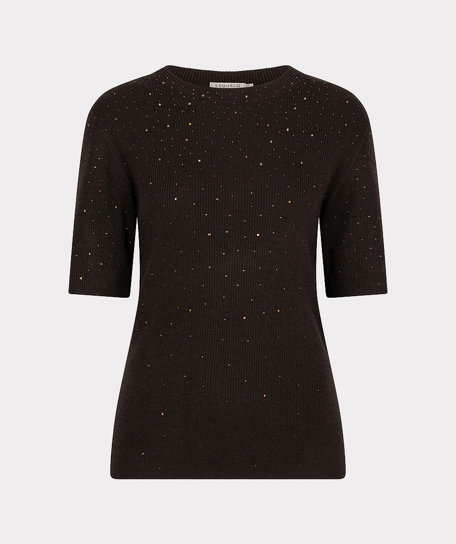 Esqualo truitje met strass donker bruin model sweater studs cacao