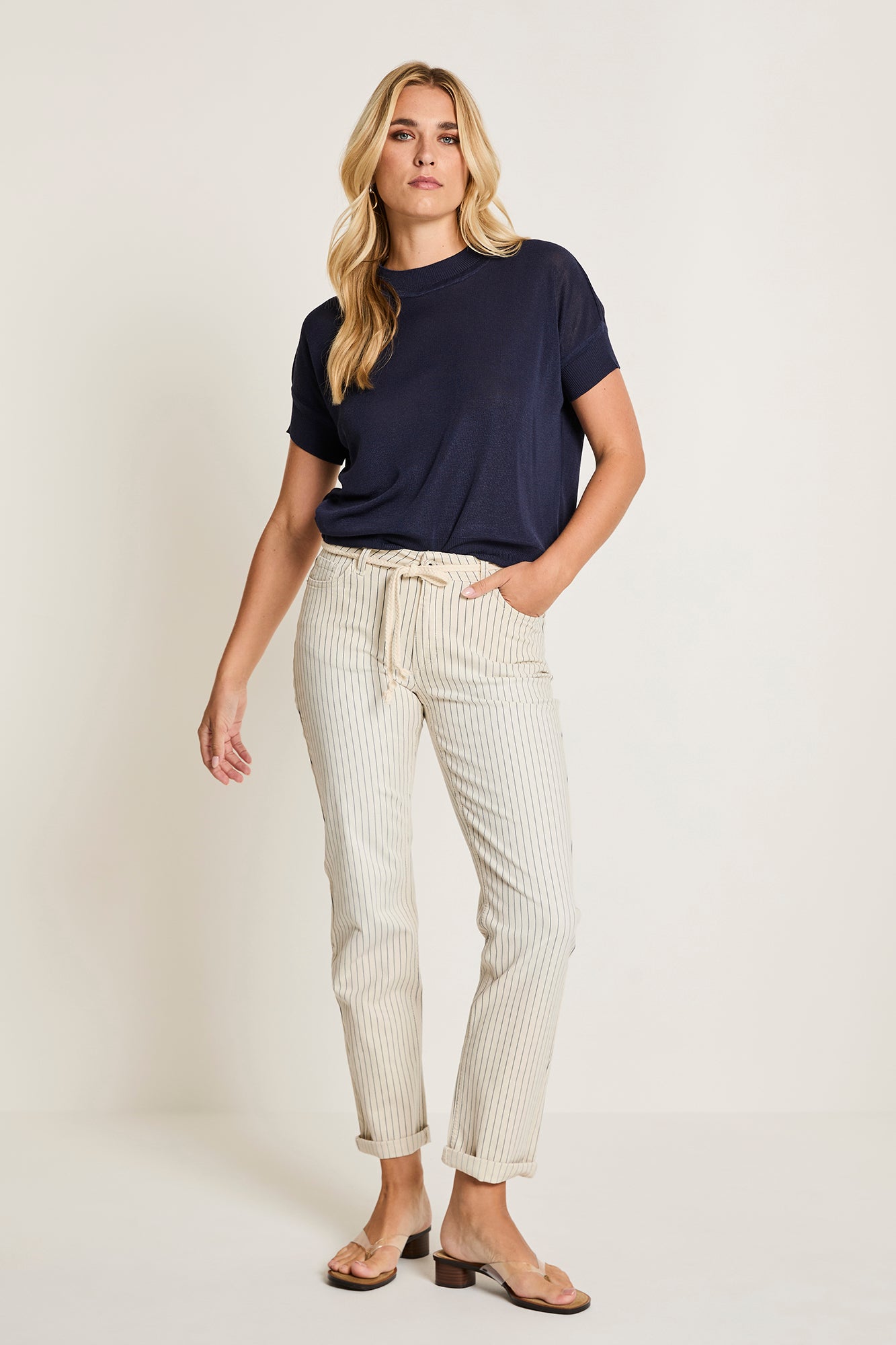 Para Mi broek offwhite met donker blauw gestreept Bobby Navy Thin summer stripes lengte 30