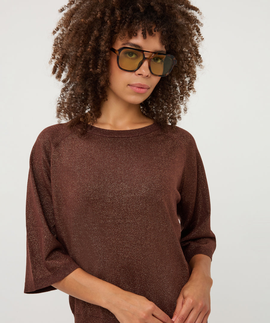 Esqualo trui driekwart mouw bruin met glitter model Raglan sweater coffee lurex