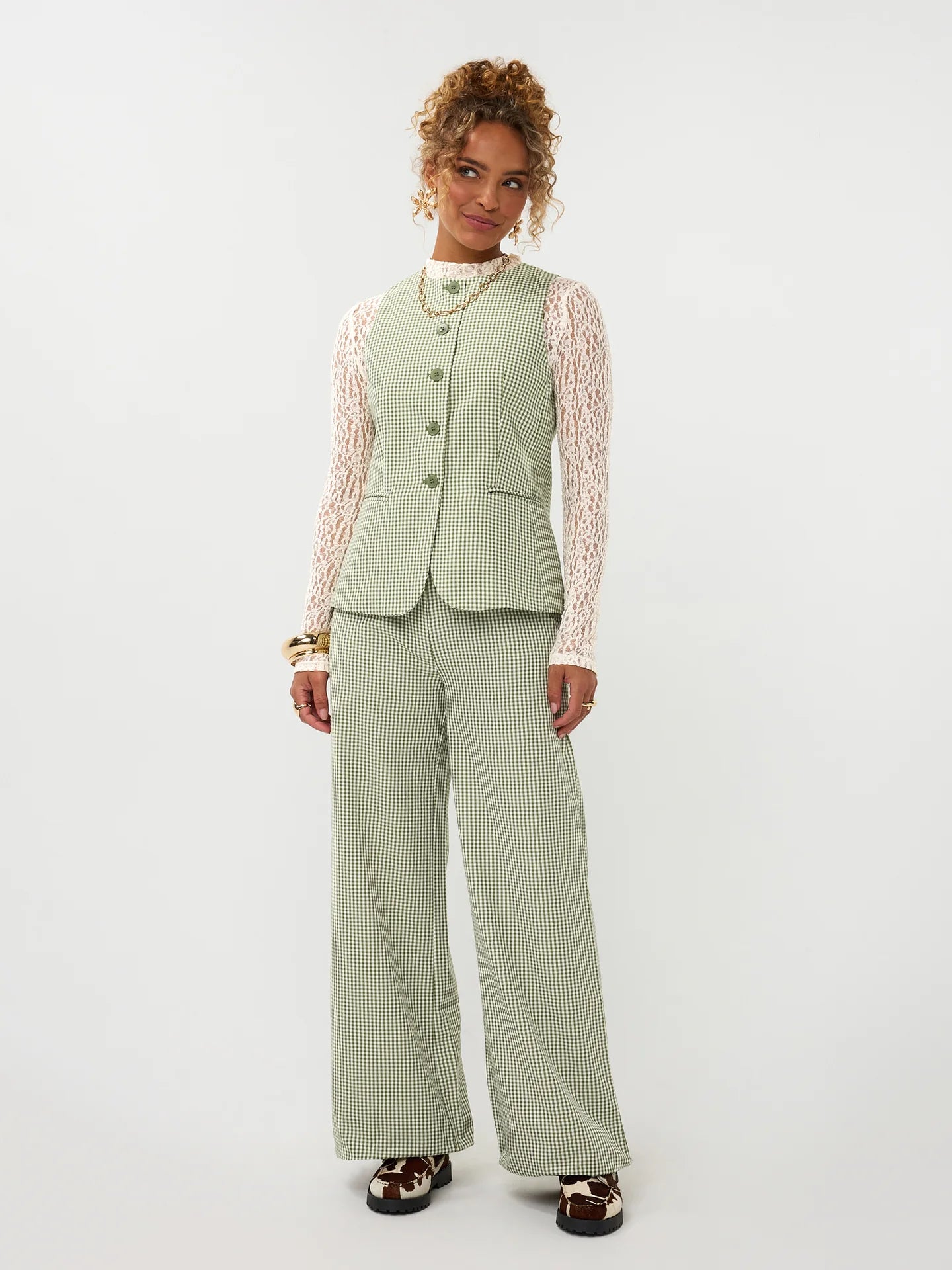 Ydence gilet geruit groen met offwhite check model Jette green