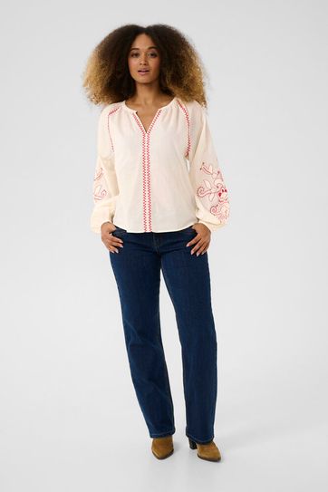Cream blouse offwhite met rood geborduurde details CRjessica Birch
