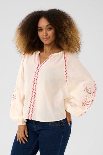 Cream blouse offwhite met rood geborduurde details CRjessica Birch