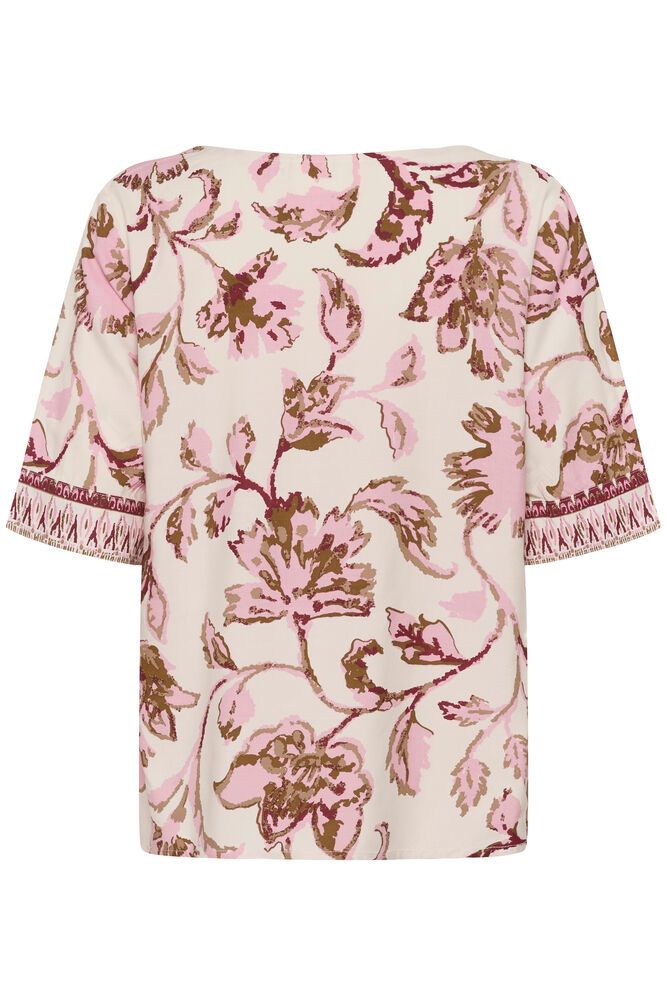 Cream blouse korte mouw beige met roze bloemen print model CRtiah pink flower