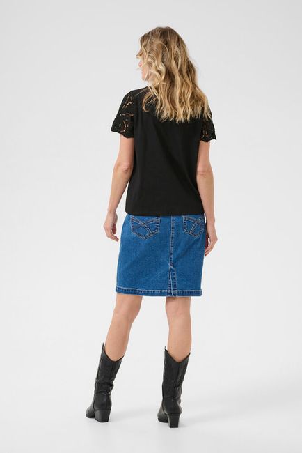 Cream T-shirt zwart met kanten crochet mouw model CRkali pitch black