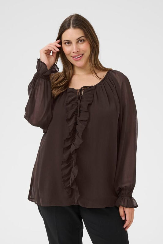 Kaffe Curve blouse bruin ruffle model KCmilanna black coffee