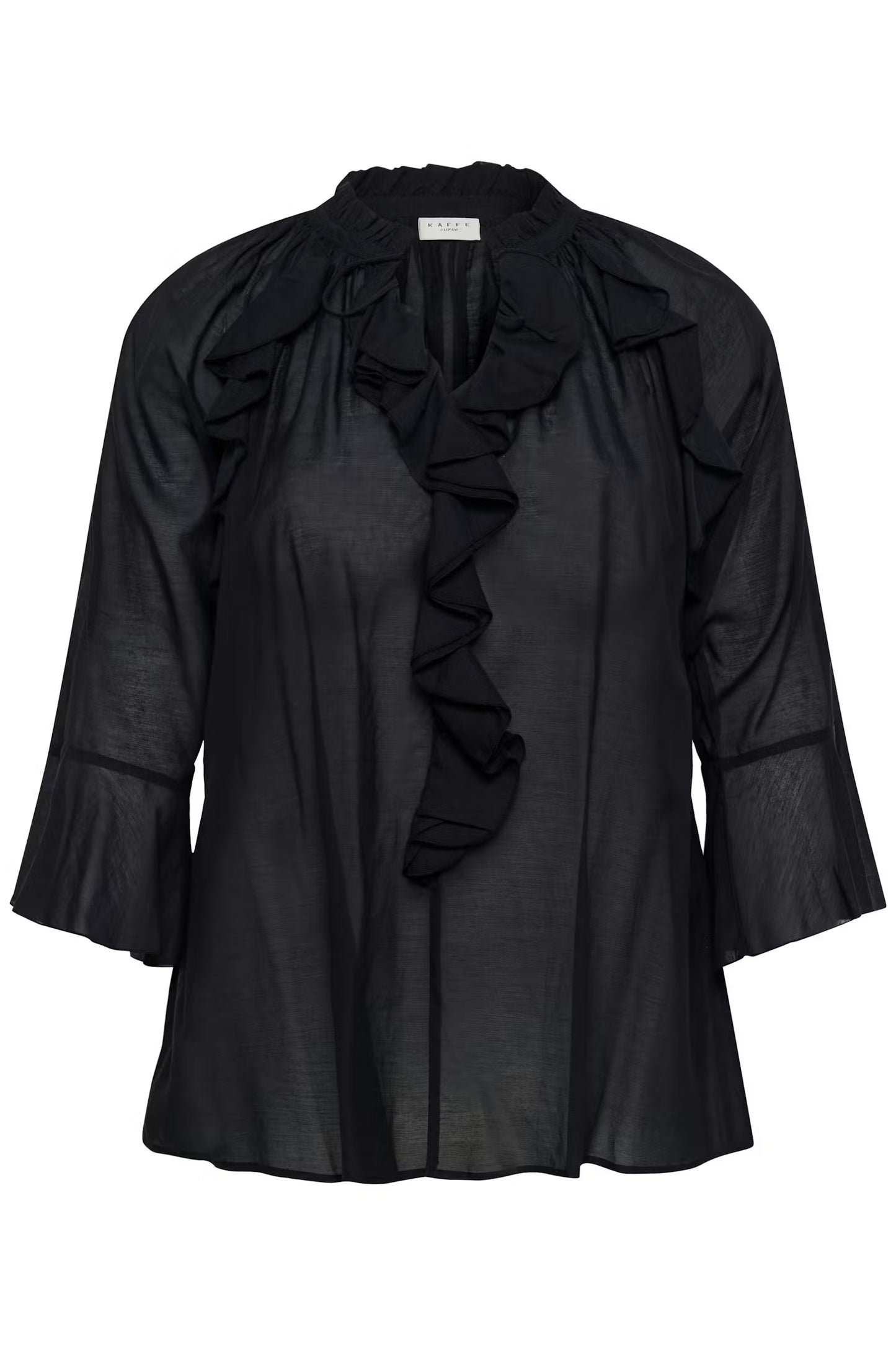 Kaffe Curve blouse zwart met ruffle en driekwart mouw model KCflori black deep