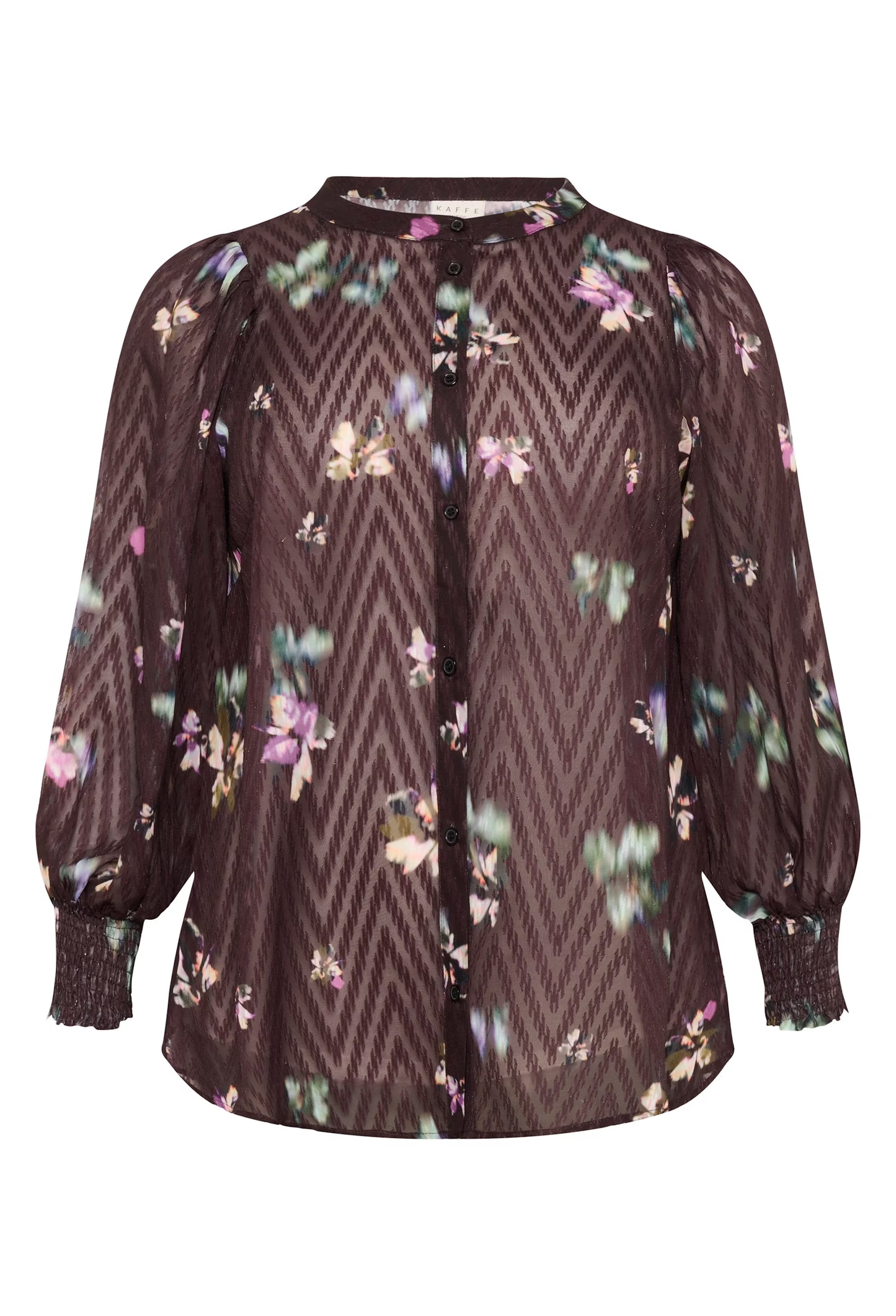 Kaffe Curve blouse donker bruin KCclara shirt black coffee print met paars detail