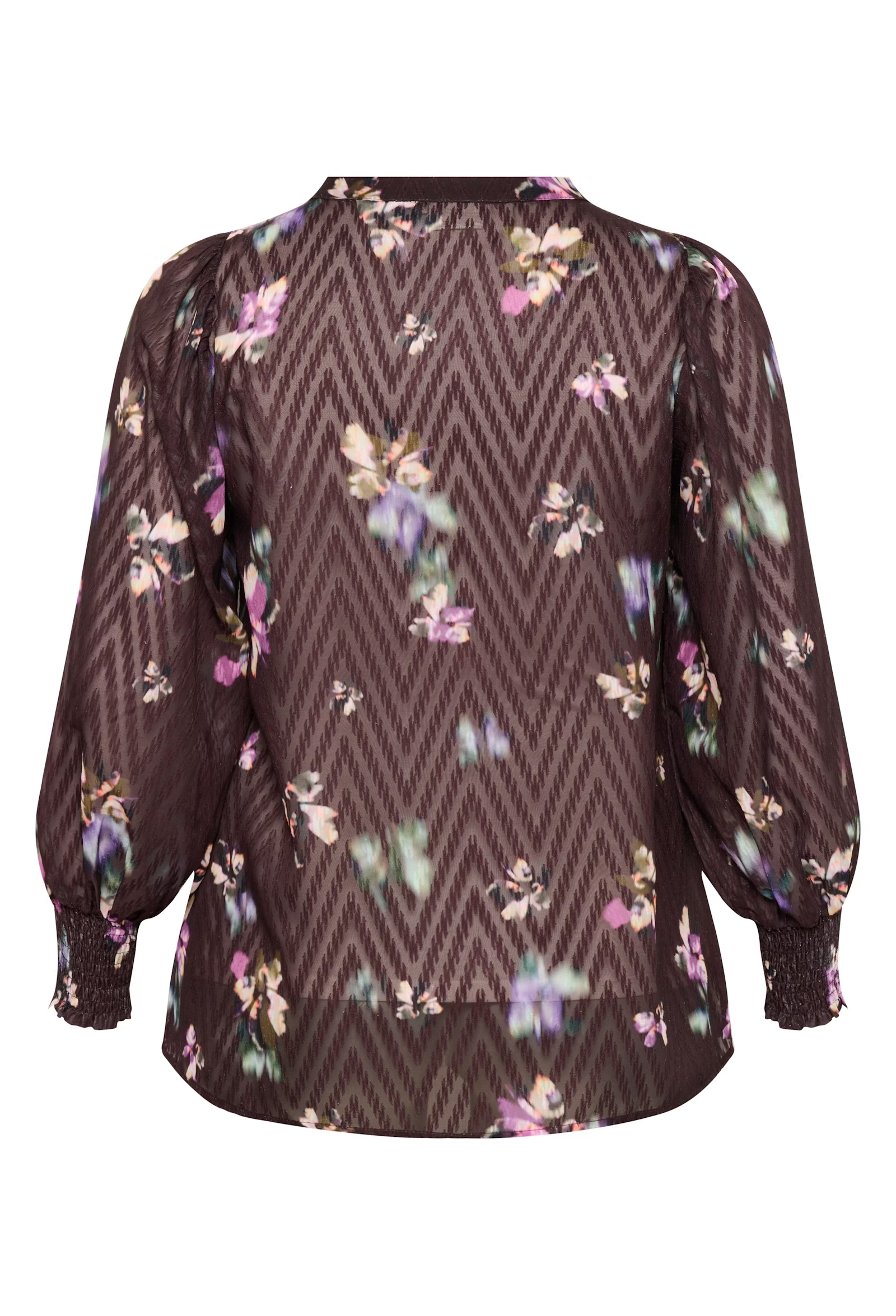 Kaffe Curve blouse donker bruin KCclara shirt black coffee print met paars detail