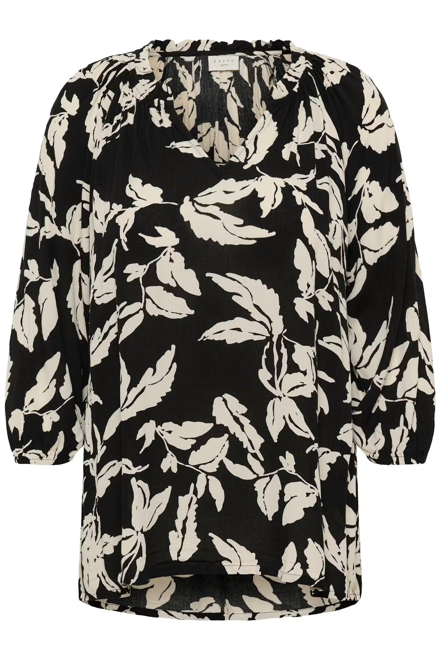Kaffe Curve blouse zwart wit print driekwart mouw model KCtrine ami black chalk leaves