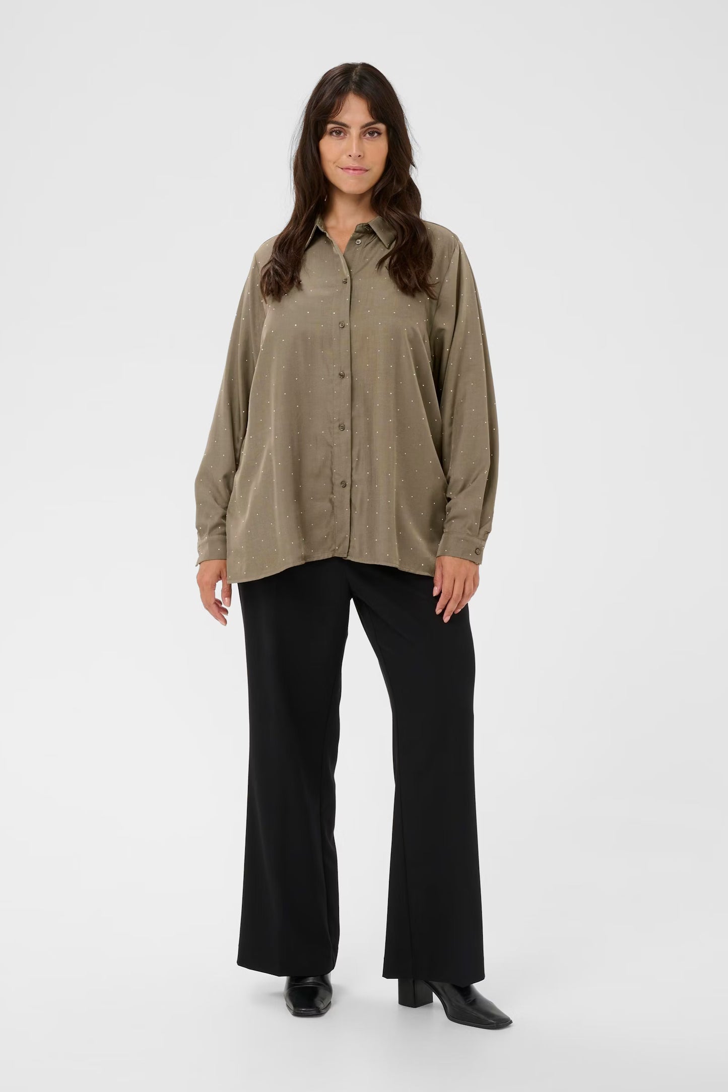 Kaffe Curve blouse taupe met strass model KCada morel overhemd