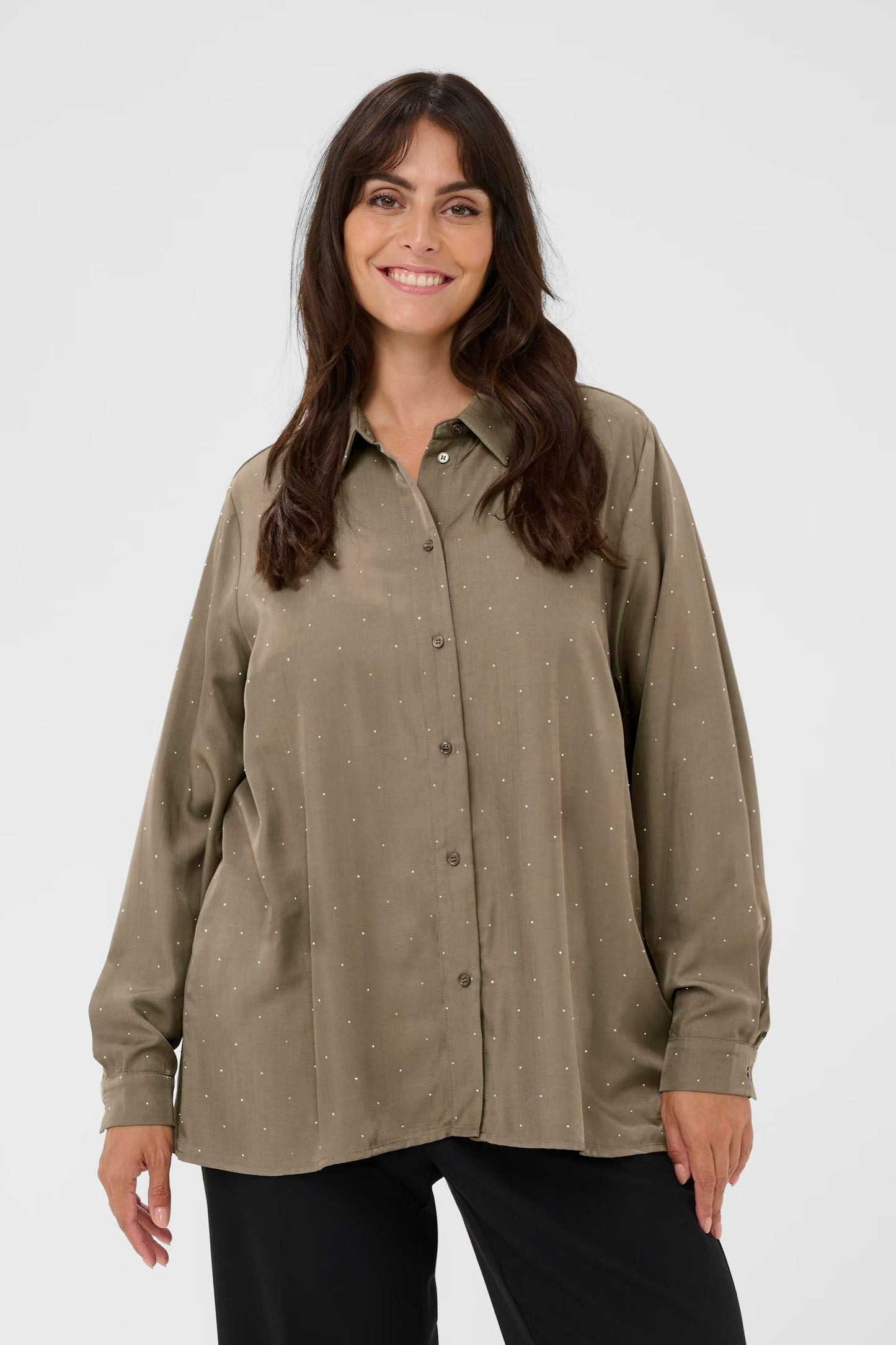 Kaffe Curve blouse taupe met strass model KCada morel overhemd