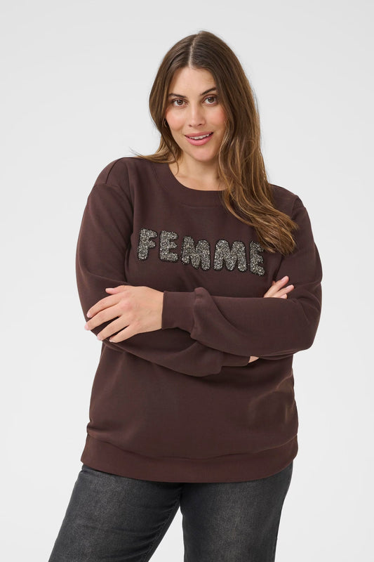 Kaffe Curve sweater bruin met strass Femme model KCelise sweatshirt black coffee