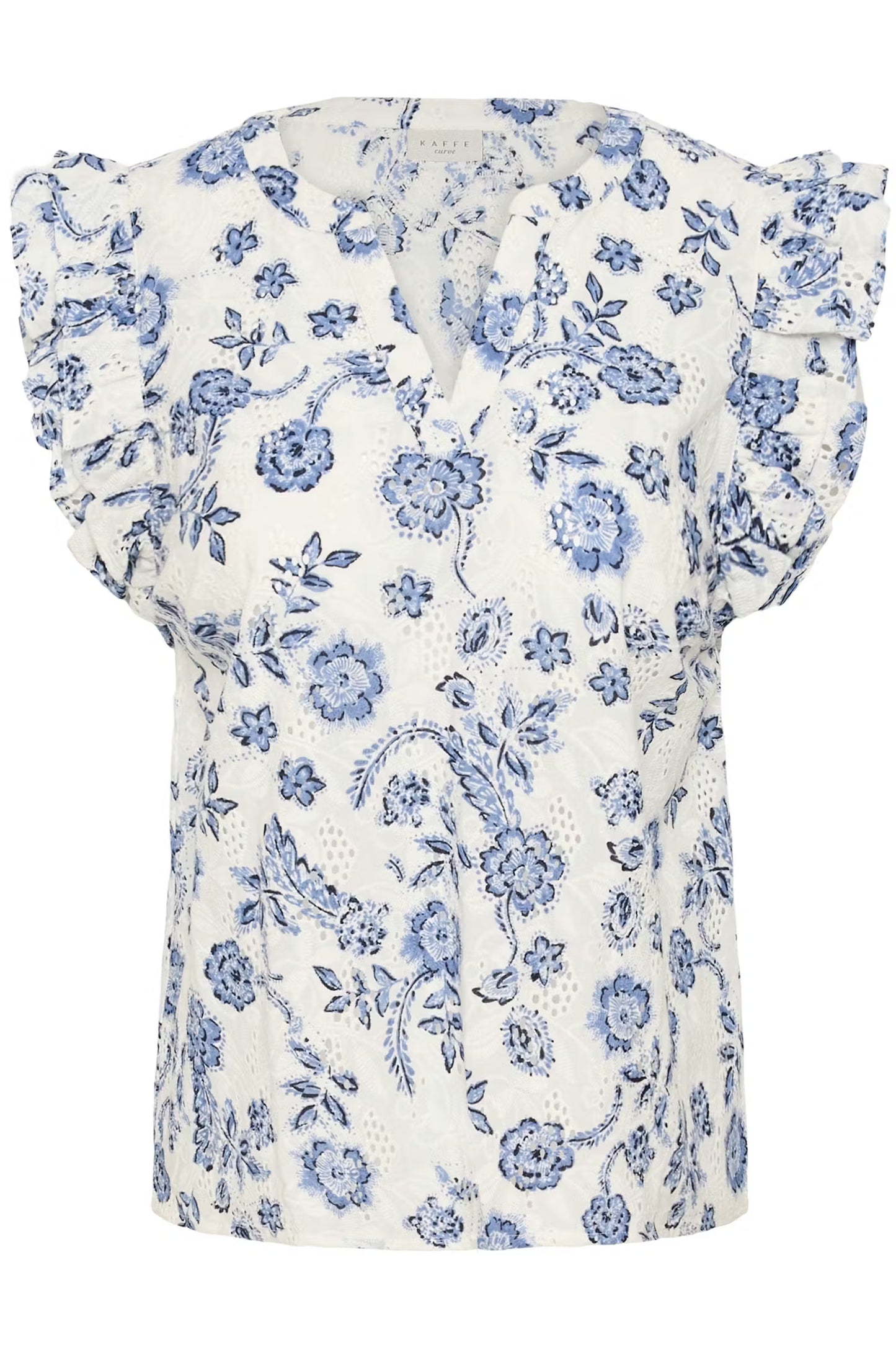 Kaffe Curve top offwhite met blauwe bloemen print model KClula midnight chalk flower broderie