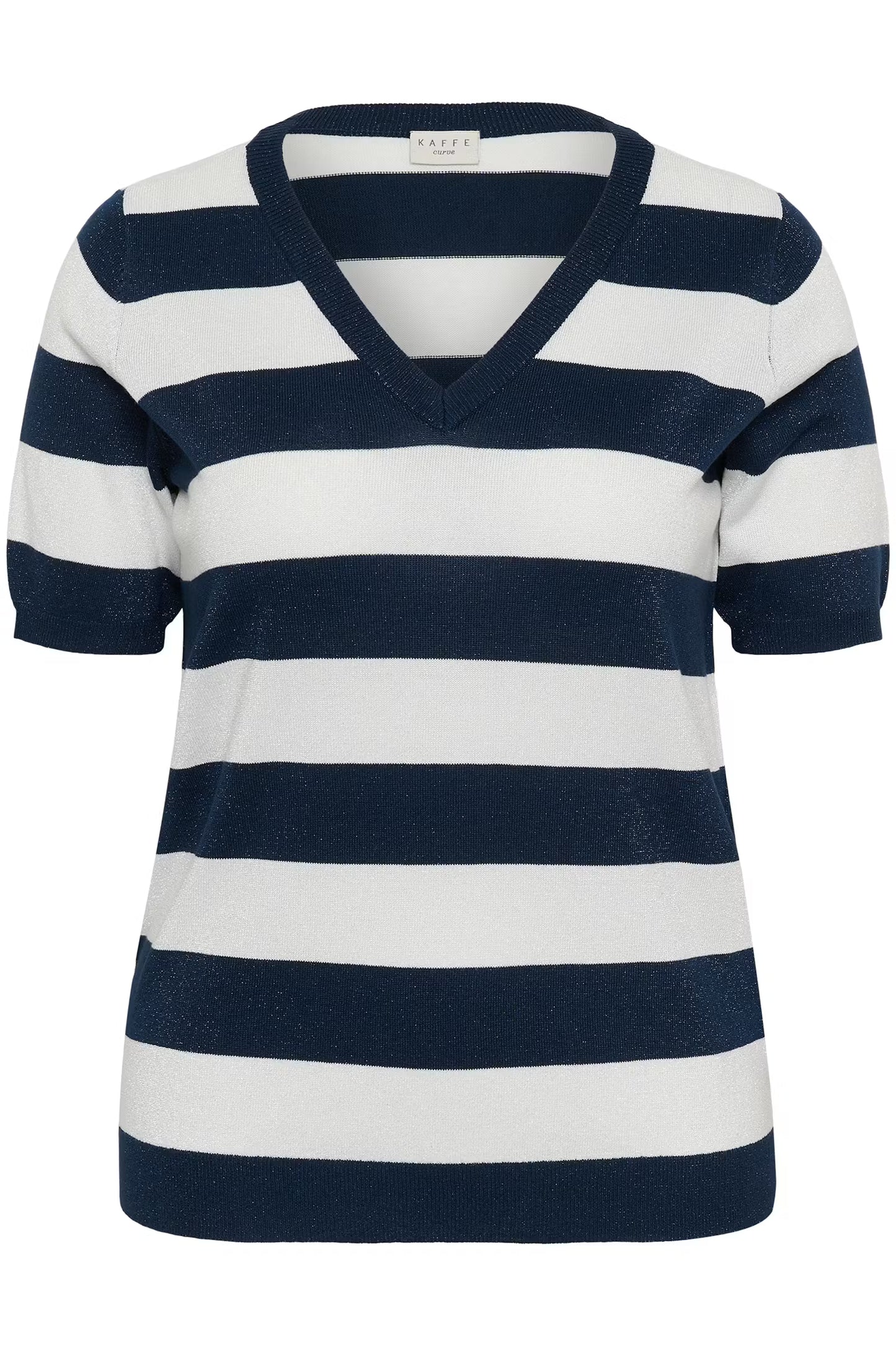 Kaffe Curve shirtje met korte mouw strepen blauw offwhite met glitter detail model KCregitta V-neck stripe midnight chalk