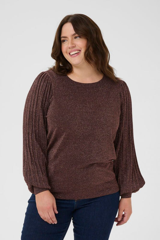 Kaffe Curve trui donker bruin met glitter model KCregitta pleat pullover black coffee