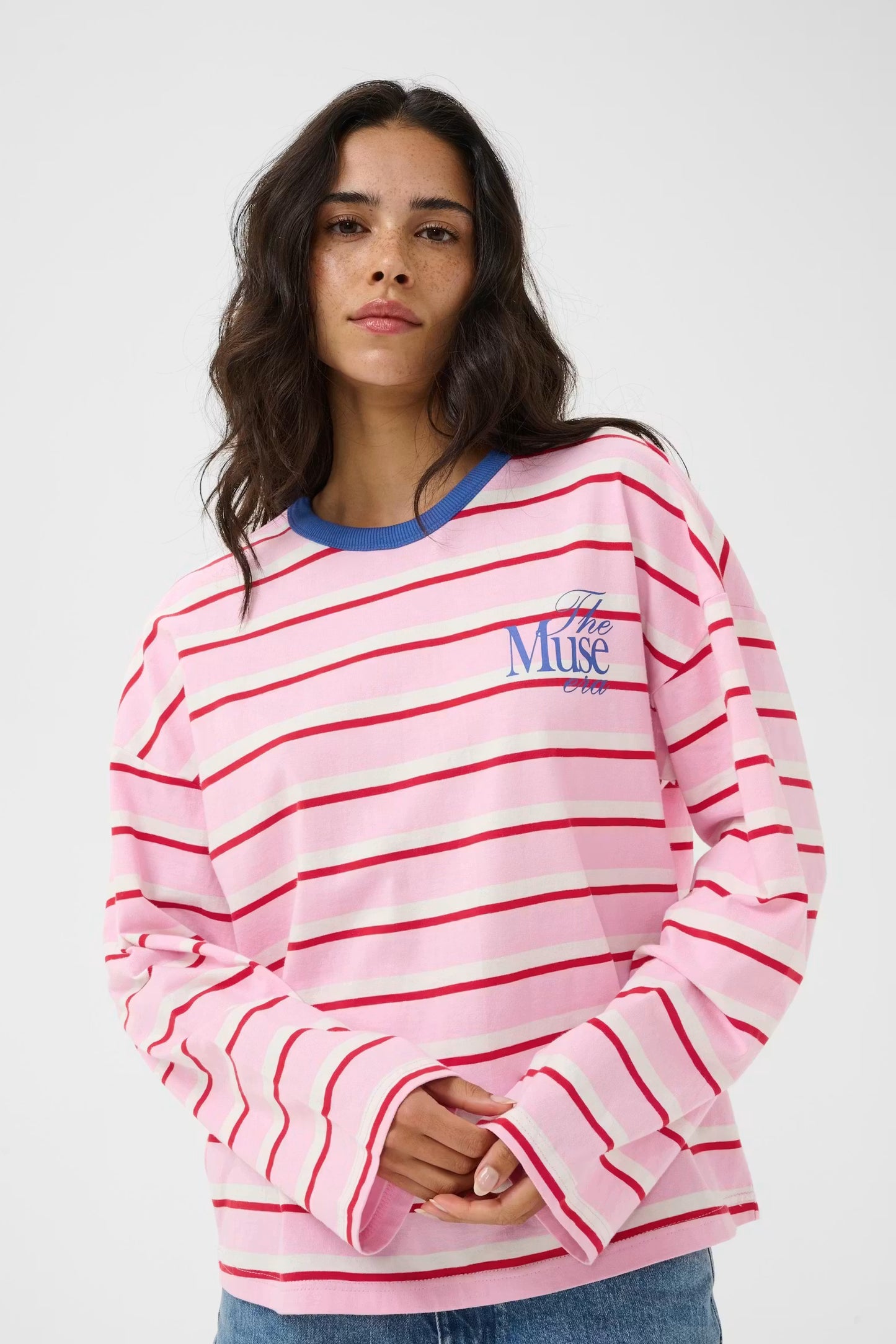 Kaffe T-shirt roze met rood gestreept model KAeloise longsleeve oversized pink red striped