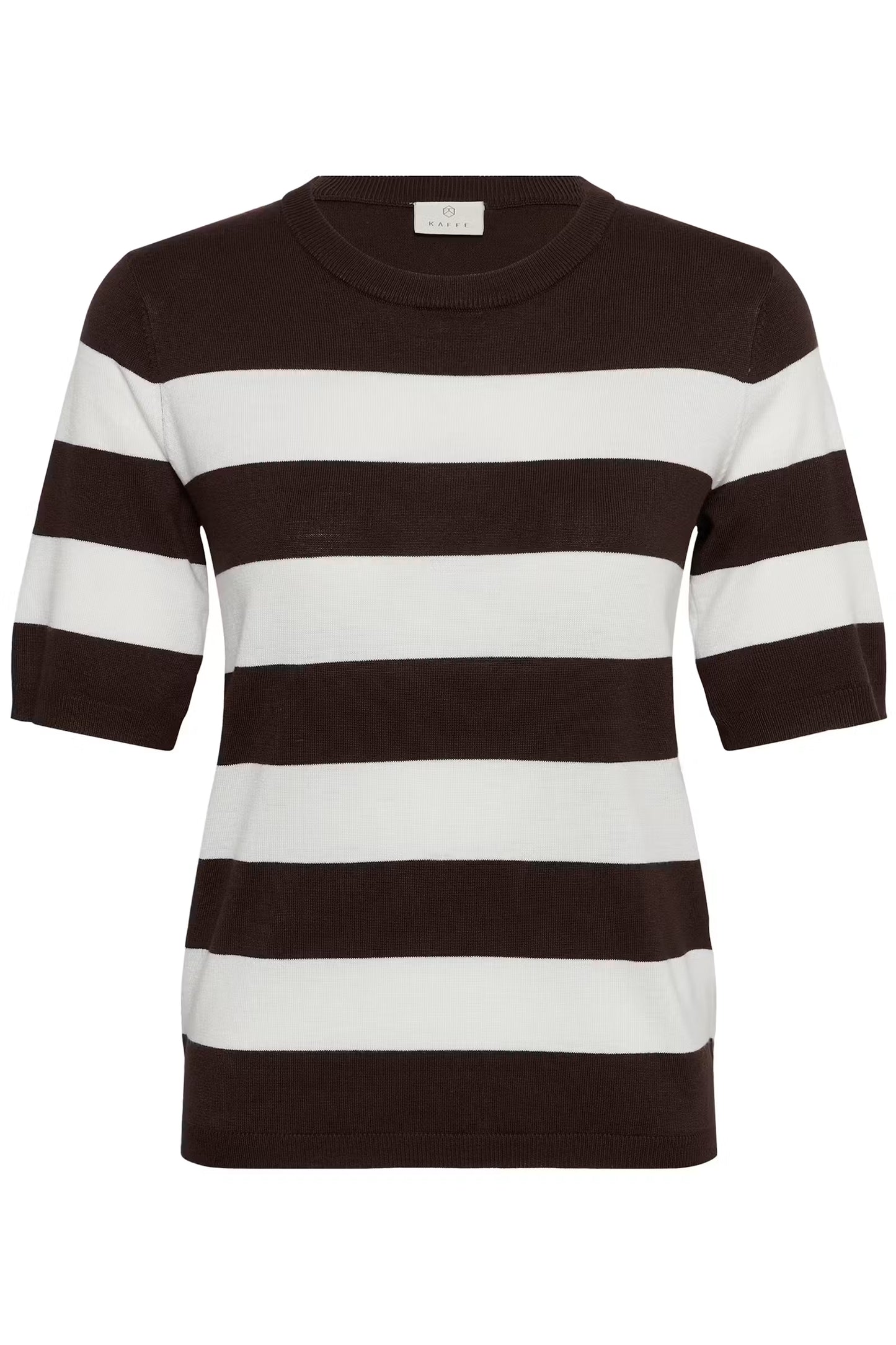 Kaffe truitje bruin met off white gestreept model KAlizza striped knit coffee bean chalk wide