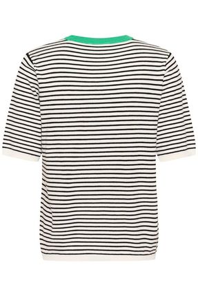 Kaffe trui met korte mouw gestreept offwhite zwart met groen detail model KAlizza narrow striped pullover chalk