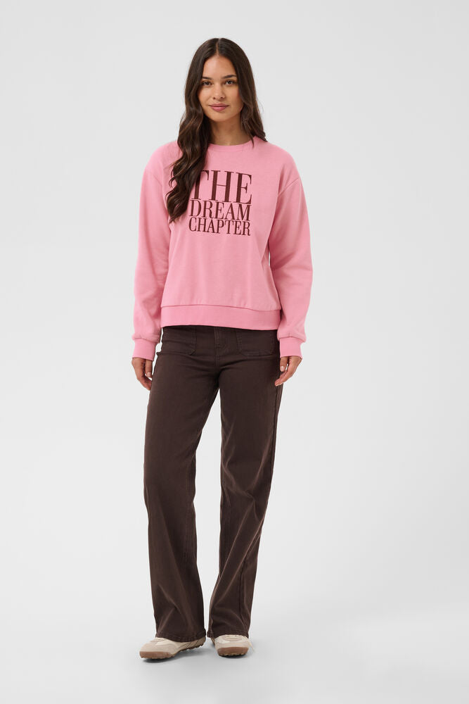 Kaffe sweater roze met bruine opdruk model KAgisele sweatshirt Wild Rose