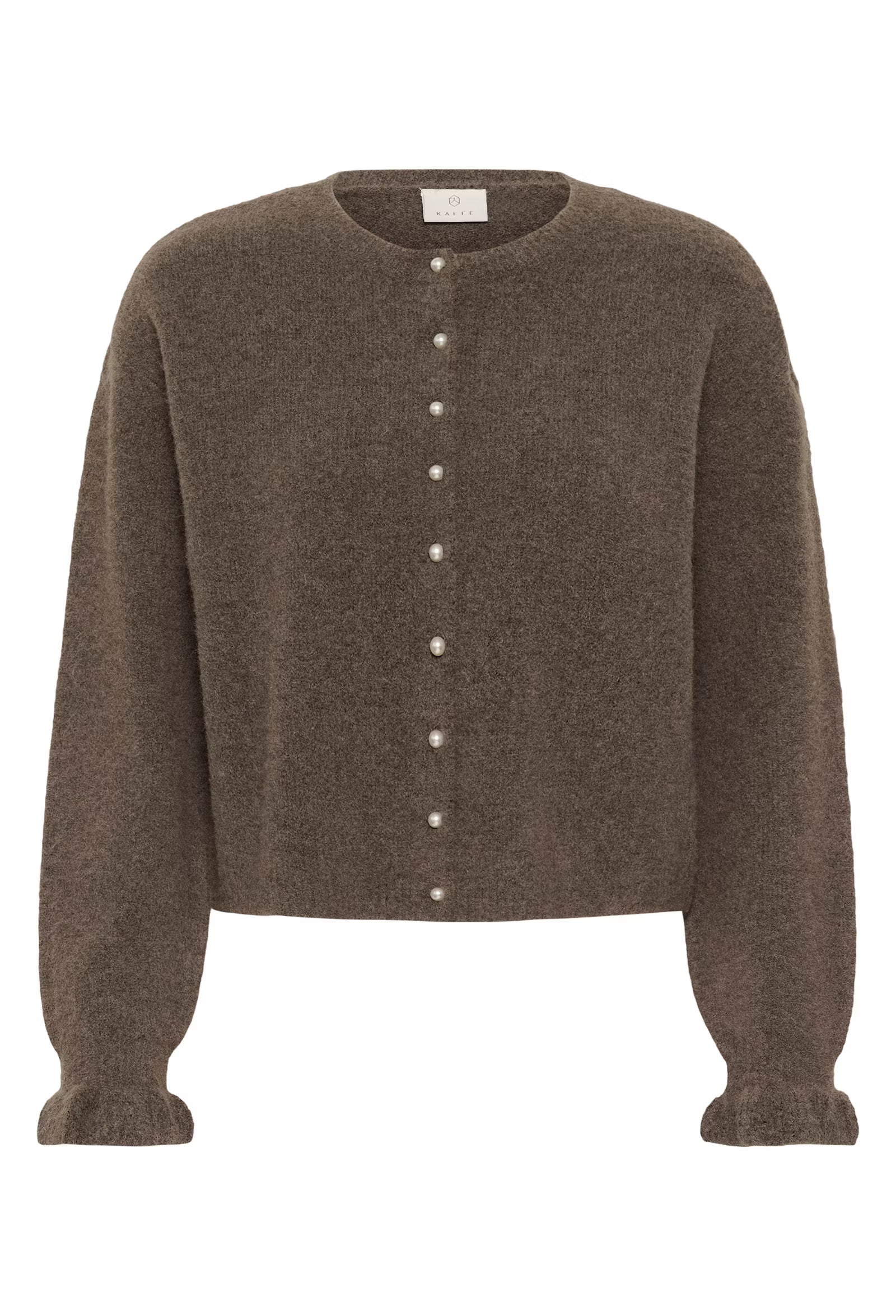 Kaffe vest taupe morel kleur met parel knoopjes ruffle mouw KAcourson knit cardigan