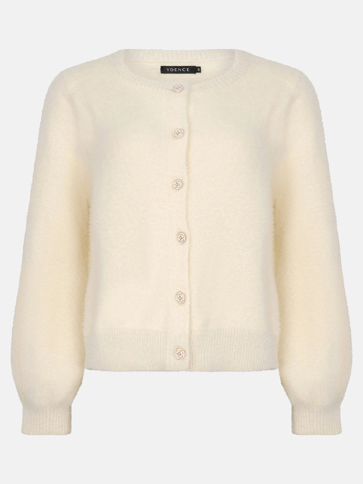 Ydence vest offwhite fluffy met roosjes knopen model Maaike cardigan