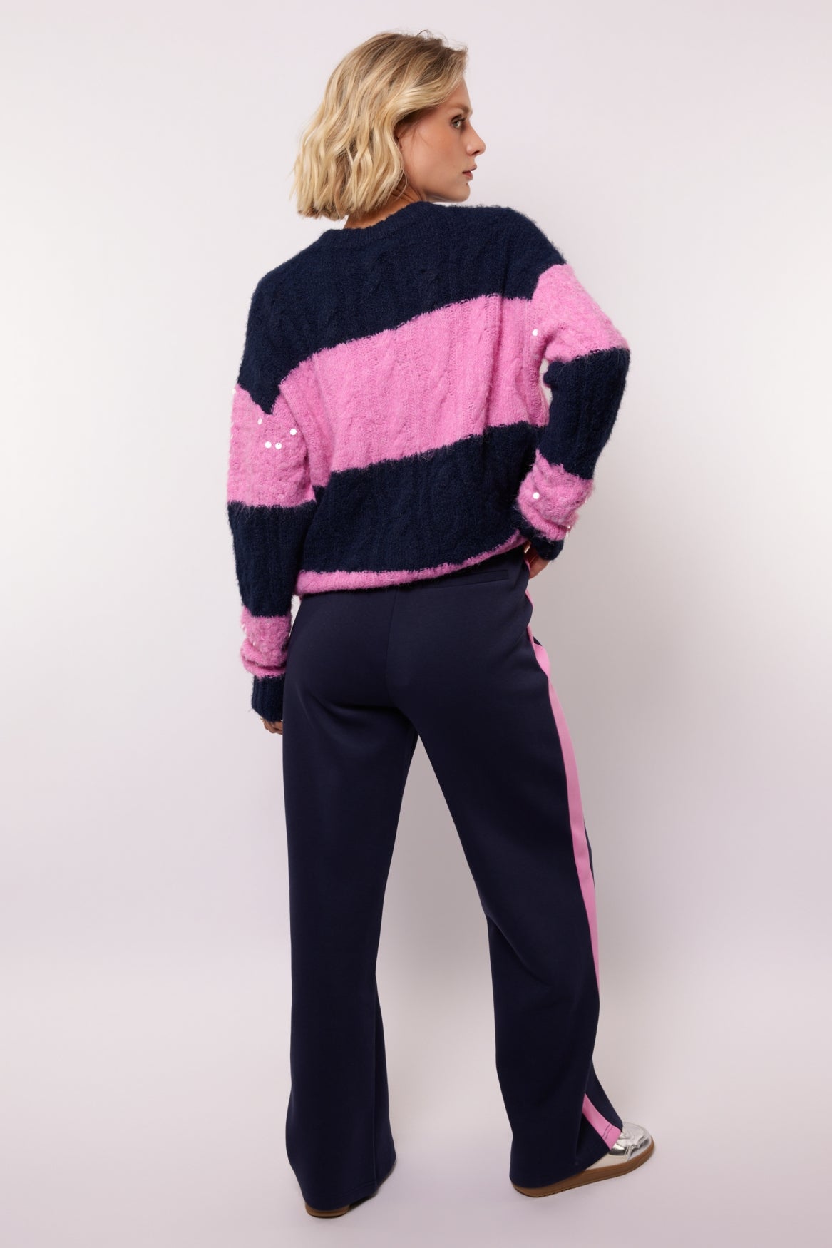 Fluresk broek blauw met roze streep model Ewan pants midnight blue
