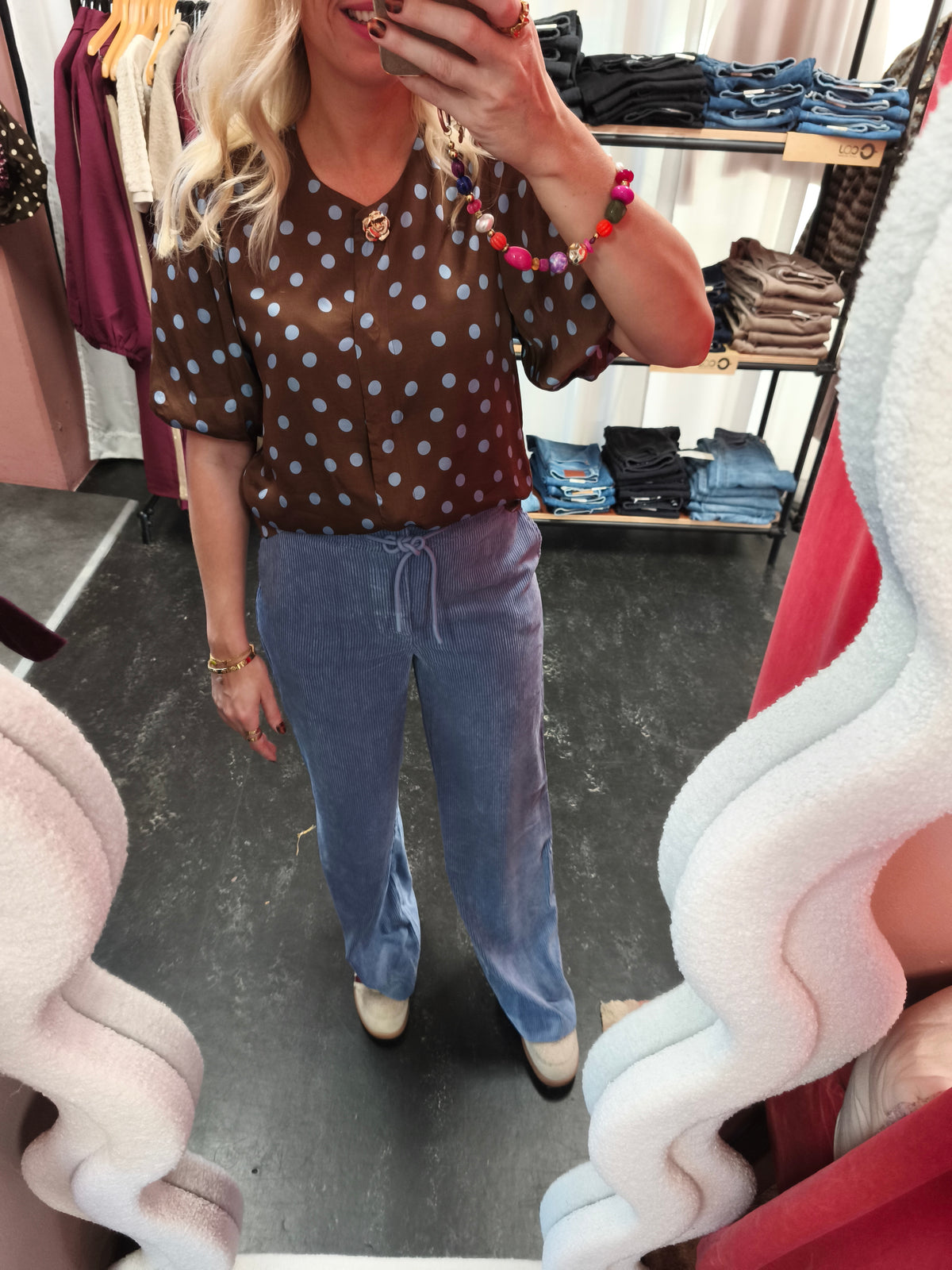 Esqualo blouse bruin met blauwe polka dots
