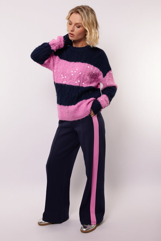 Fluresk broek blauw met roze streep model Ewan pants midnight blue