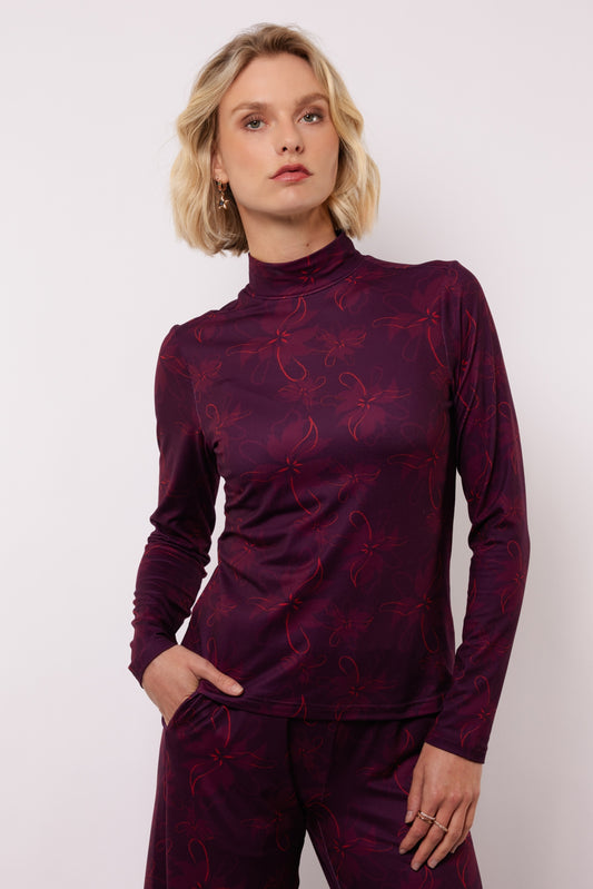 Fluresk colletje bordeaux rood model Vida top wine red bright print