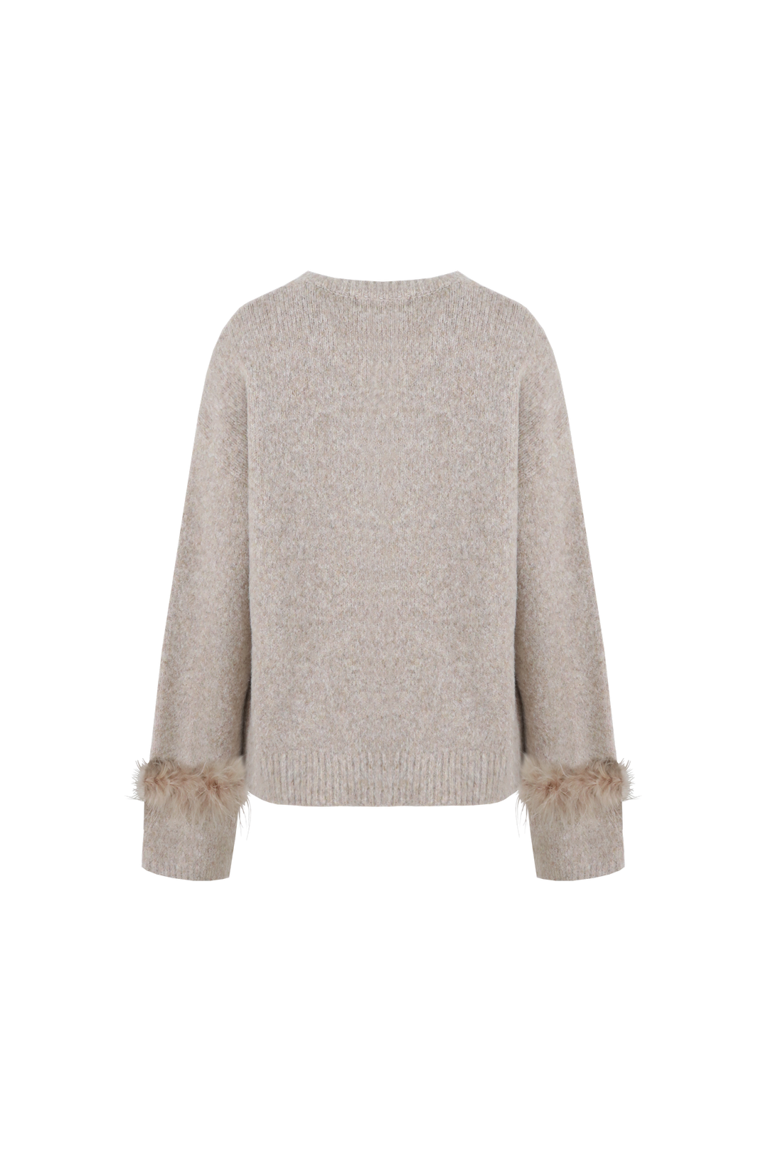 Fluresk trui beige met veren aan mouw model Rielle knit sweater warm taupe