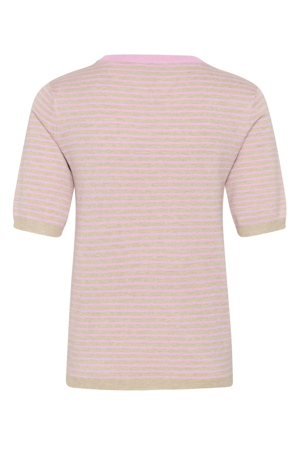 Kaffe shirtje korte mouw strepen roze met zandkleur achtergrond model KAlizza narrow striped pullover feather pink fine